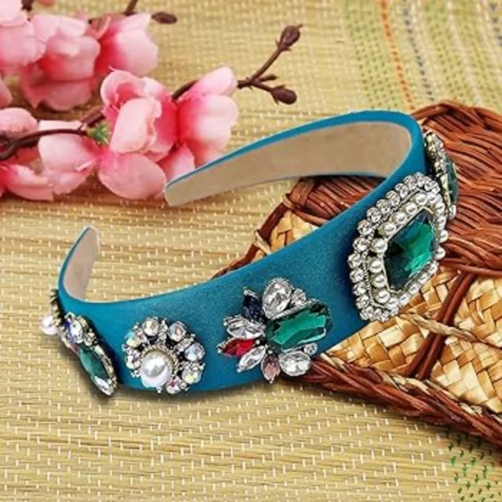 Emerald Crystal Pearl Satin Headband Blue Baroque Bridal Statement Hairband OS